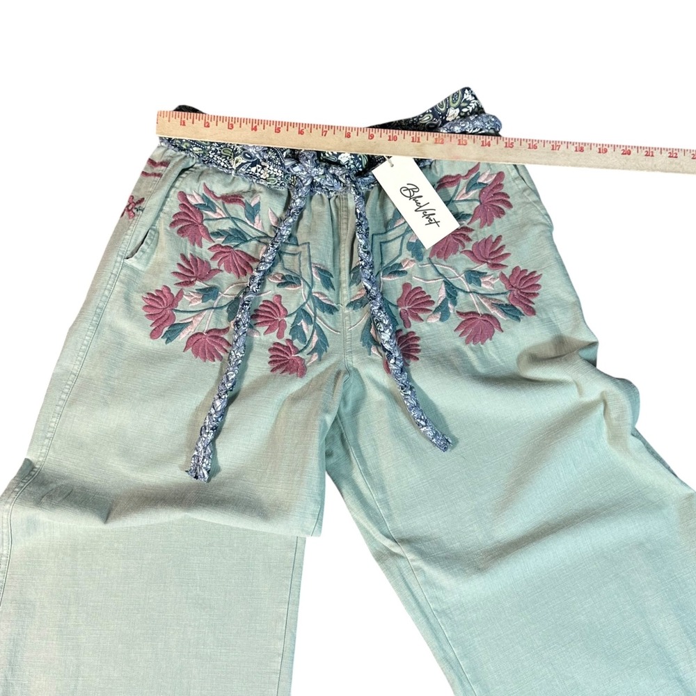 Blue Velvet Jogger Pants NWT Women S Sage Floral Embroidery Elastic Waist Cotton - Picture 5 of 11